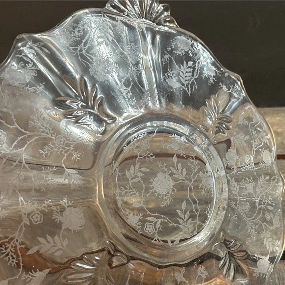Fostoria Chintz Baroque Glass Floral Clear Dessert Plate Platter Vtg Decor MCM